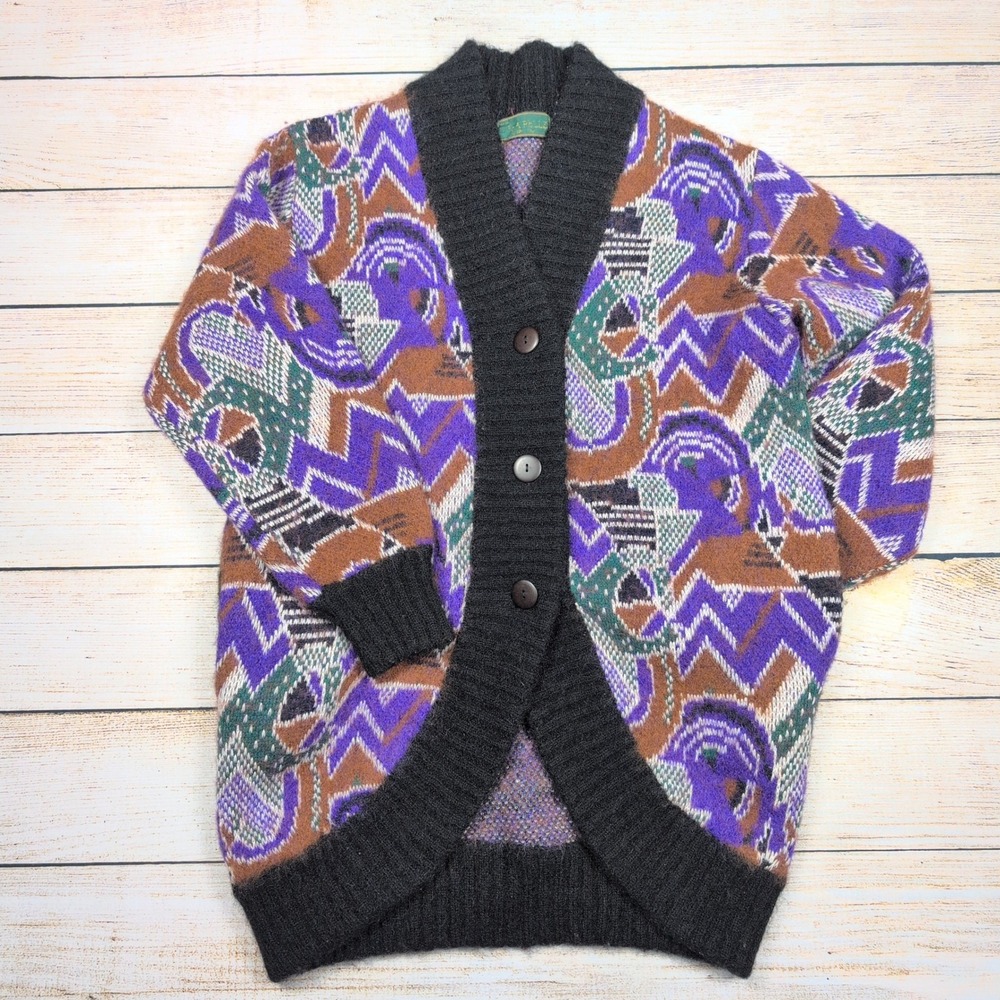 Vintage Vera Pelle Abstract Wool Mohair Blend‎ Cardigan Sweater Colorful M